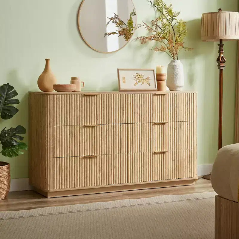6 Drawer Dressing Table, Wide Modern Chest of Drawers, Wave Curve Design, Vanity TV Stand and Media Cabinet, Walnut