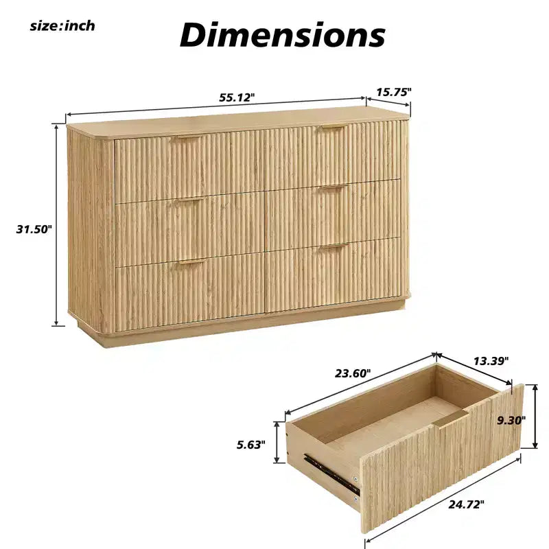 6 Drawer Dressing Table, Wide Modern Chest of Drawers, Wave Curve Design, Vanity TV Stand and Media Cabinet, Walnut