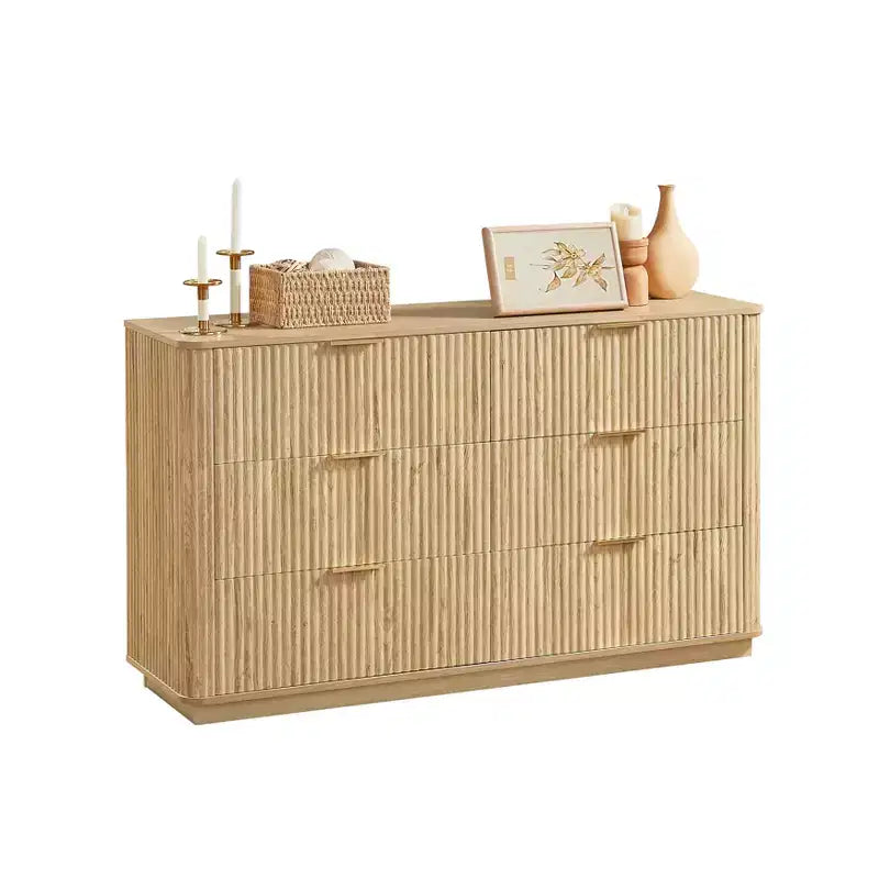 6 Drawer Dressing Table, Wide Modern Chest of Drawers, Wave Curve Design, Vanity TV Stand and Media Cabinet, Walnut