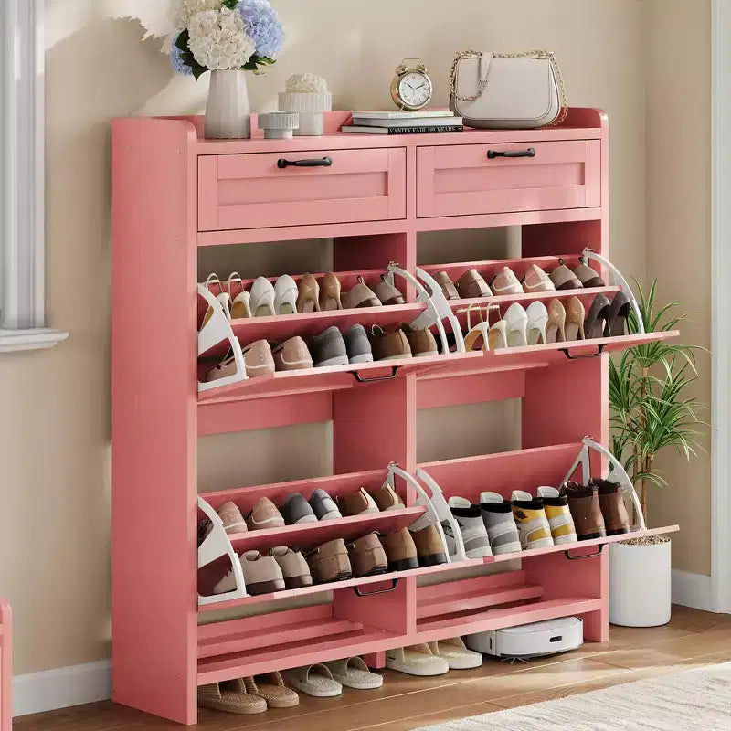 Shoe Cabinet with 4 Flip Drawers & 2 Top Drawers, Wooden Shoe Organizer Cabinet with Adjustable Shelf, Freestanding Shoe Storage Cabinets
