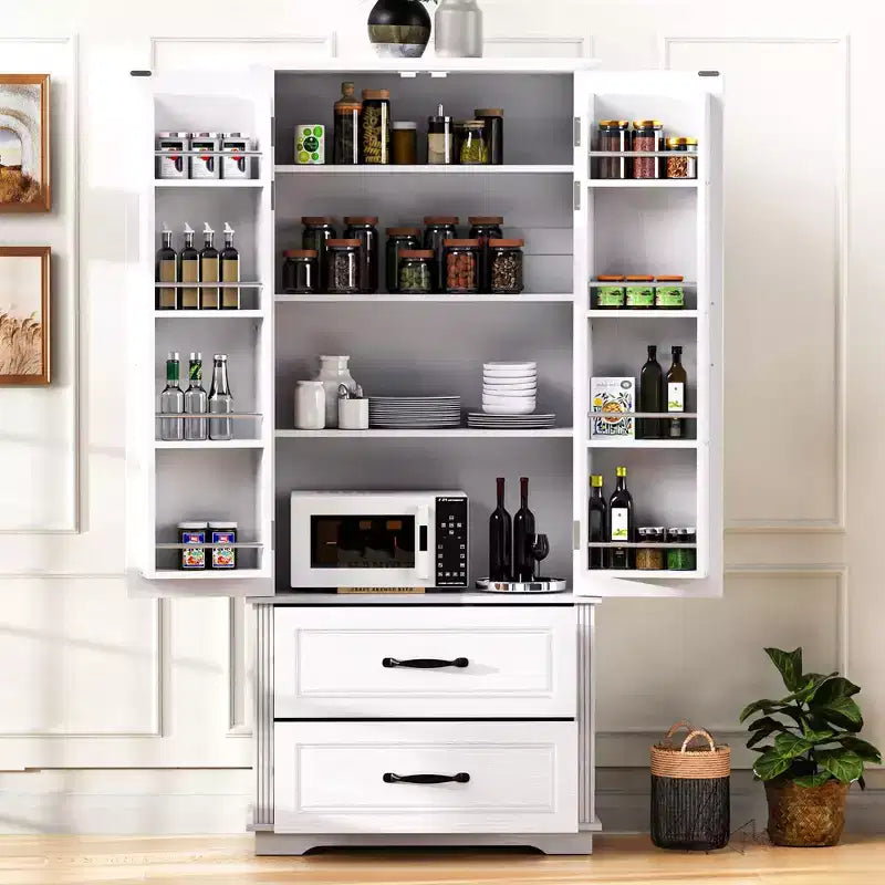 71 Farmhouse Kitchen Pantry Cabinet - 2 Large Drawers, Embossed Texture 8 Door Shelves 3 Cabinet Shelves for Kitchen, Dining