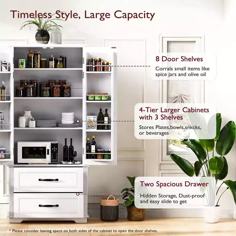 71 Farmhouse Kitchen Pantry Cabinet - 2 Large Drawers, Embossed Texture 8 Door Shelves 3 Cabinet Shelves for Kitchen, Dining