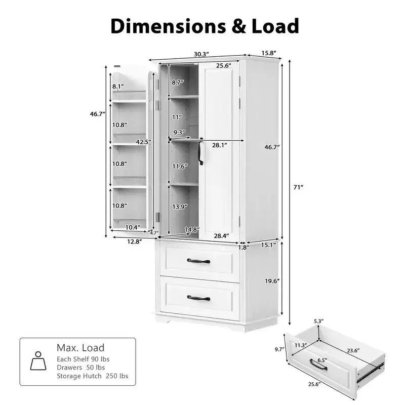 71 Farmhouse Kitchen Pantry Cabinet - 2 Large Drawers, Embossed Texture 8 Door Shelves 3 Cabinet Shelves for Kitchen, Dining