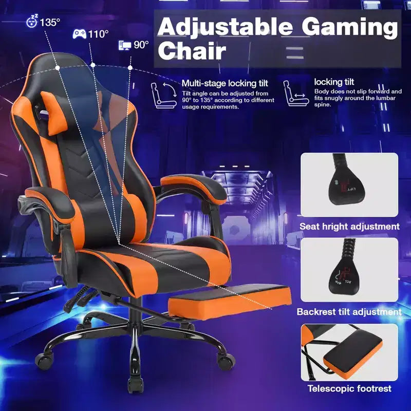 Gaming Chair Office Chairs with Wheels,Reclining Back,Adjustable Seat Height&Footrest,Ergonomics Video Game Chairs, Max
