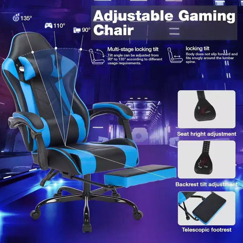 Gaming Chair Office Chairs with Wheels,Reclining Back,Adjustable Seat Height&Footrest,Ergonomics Video Game Chairs, Max