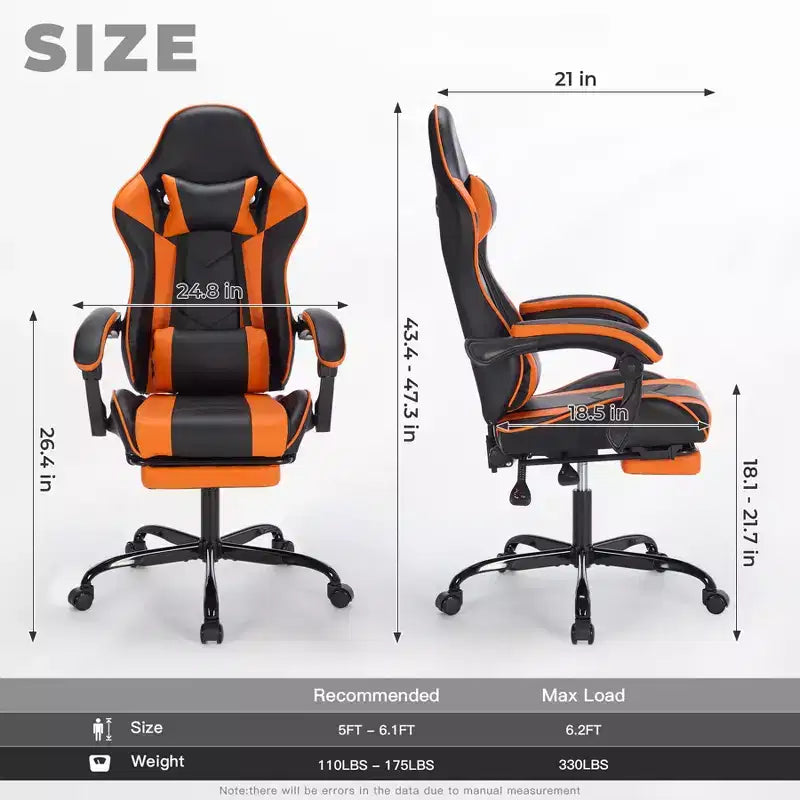 Gaming Chair Office Chairs with Wheels,Reclining Back,Adjustable Seat Height&Footrest,Ergonomics Video Game Chairs, Max