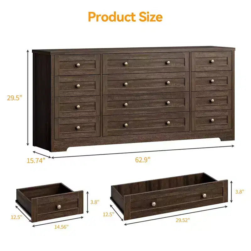 12 Drawer Dresser, 63 Wide Wooden Chest of Drawers, Modern TV Stand Dresser for 65 Inch TV, Bedroom Living Room Entryway