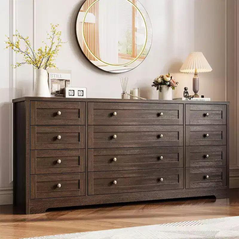 12 Drawer Dresser, 63 Wide Wooden Chest of Drawers, Modern TV Stand Dresser for 65 Inch TV, Bedroom Living Room Entryway