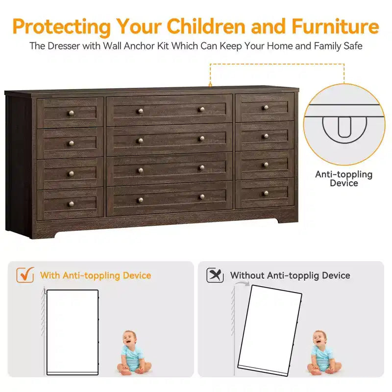12 Drawer Dresser, 63 Wide Wooden Chest of Drawers, Modern TV Stand Dresser for 65 Inch TV, Bedroom Living Room Entryway