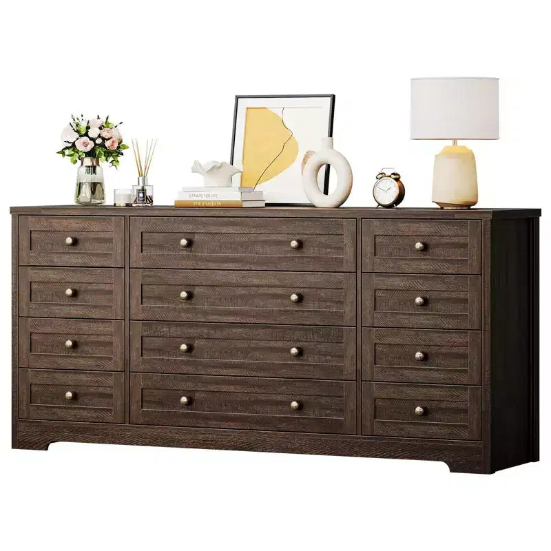 12 Drawer Dresser, 63 Wide Wooden Chest of Drawers, Modern TV Stand Dresser for 65 Inch TV, Bedroom Living Room Entryway