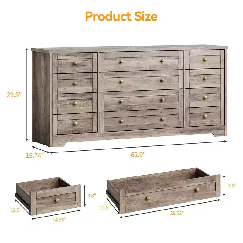 12 Drawer Dresser, 63 Wide Wooden Chest of Drawers, Modern TV Stand Dresser for 65 Inch TV, Bedroom Living Room Entryway