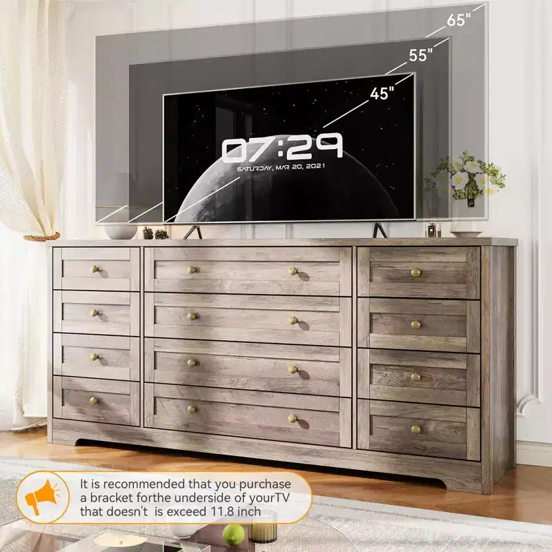 12 Drawer Dresser, 63 Wide Wooden Chest of Drawers, Modern TV Stand Dresser for 65 Inch TV, Bedroom Living Room Entryway