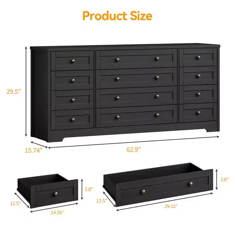 12 Drawer Dresser, 63 Wide Wooden Chest of Drawers, Modern TV Stand Dresser for 65 Inch TV, Bedroom Living Room Entryway