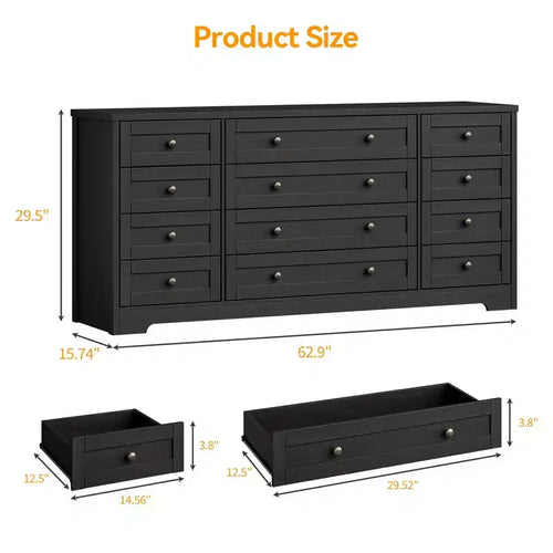 12 Drawer Dresser, 63 Wide Wooden Chest of Drawers, Modern TV Stand Dresser for 65 Inch TV, Bedroom Living Room Entryway
