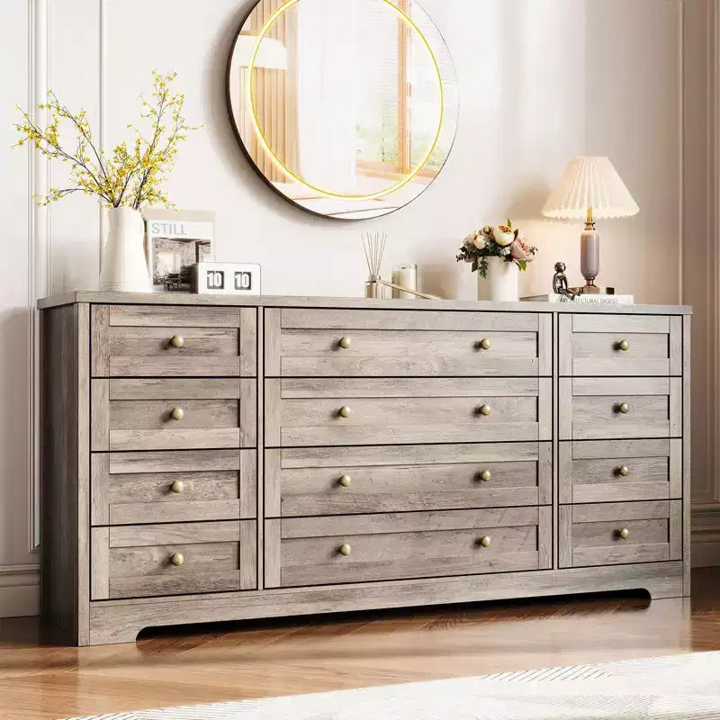 12 Drawer Dresser, 63 Wide Wooden Chest of Drawers, Modern TV Stand Dresser for 65 Inch TV, Bedroom Living Room Entryway