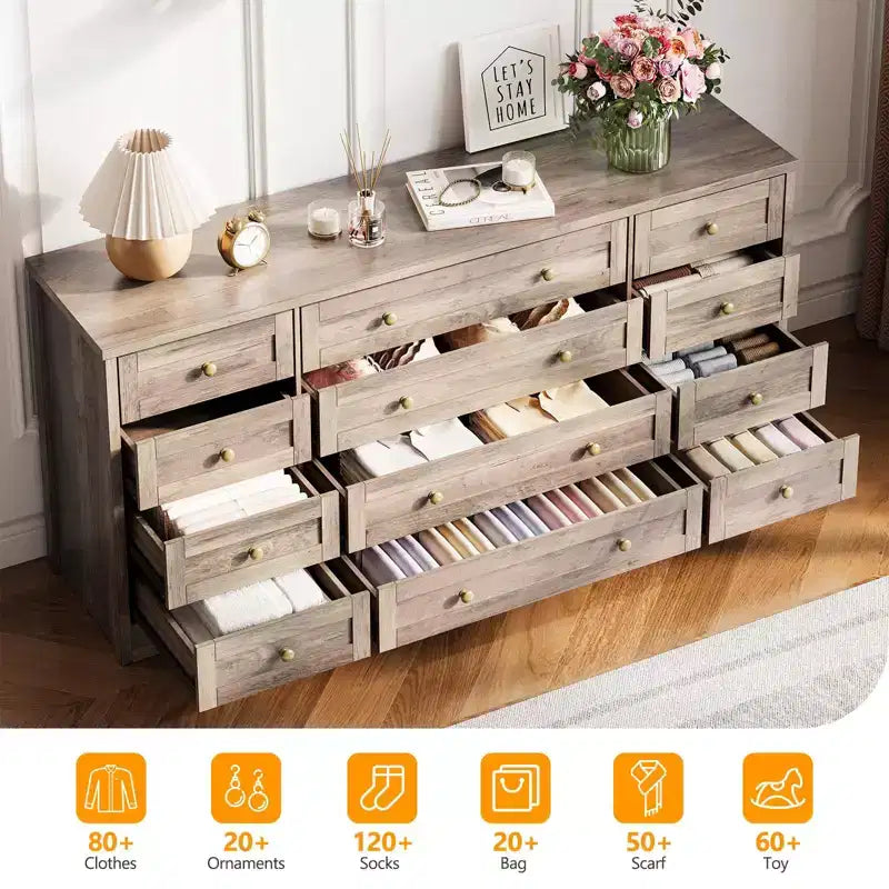 12 Drawer Dresser, 63 Wide Wooden Chest of Drawers, Modern TV Stand Dresser for 65 Inch TV, Bedroom Living Room Entryway