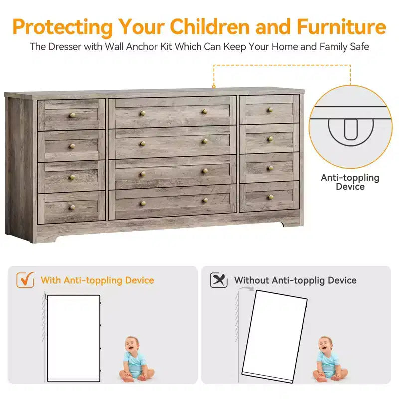 12 Drawer Dresser, 63 Wide Wooden Chest of Drawers, Modern TV Stand Dresser for 65 Inch TV, Bedroom Living Room Entryway