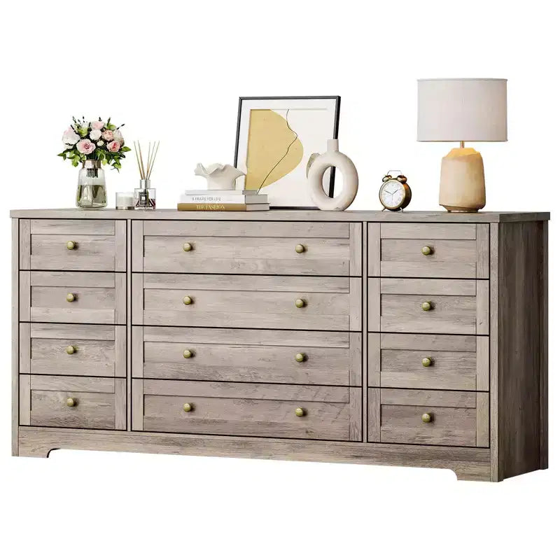 12 Drawer Dresser, 63 Wide Wooden Chest of Drawers, Modern TV Stand Dresser for 65 Inch TV, Bedroom Living Room Entryway