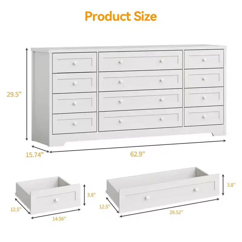 12 Drawer Dresser, 63 Wide Wooden Chest of Drawers, Modern TV Stand Dresser for 65 Inch TV, Bedroom Living Room Entryway