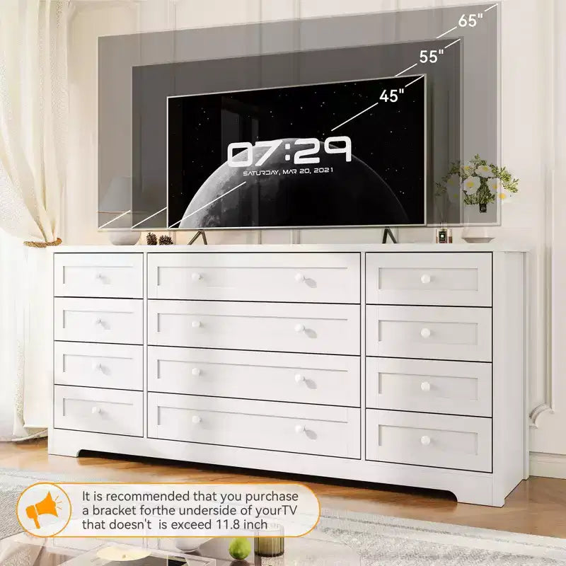 12 Drawer Dresser, 63 Wide Wooden Chest of Drawers, Modern TV Stand Dresser for 65 Inch TV, Bedroom Living Room Entryway