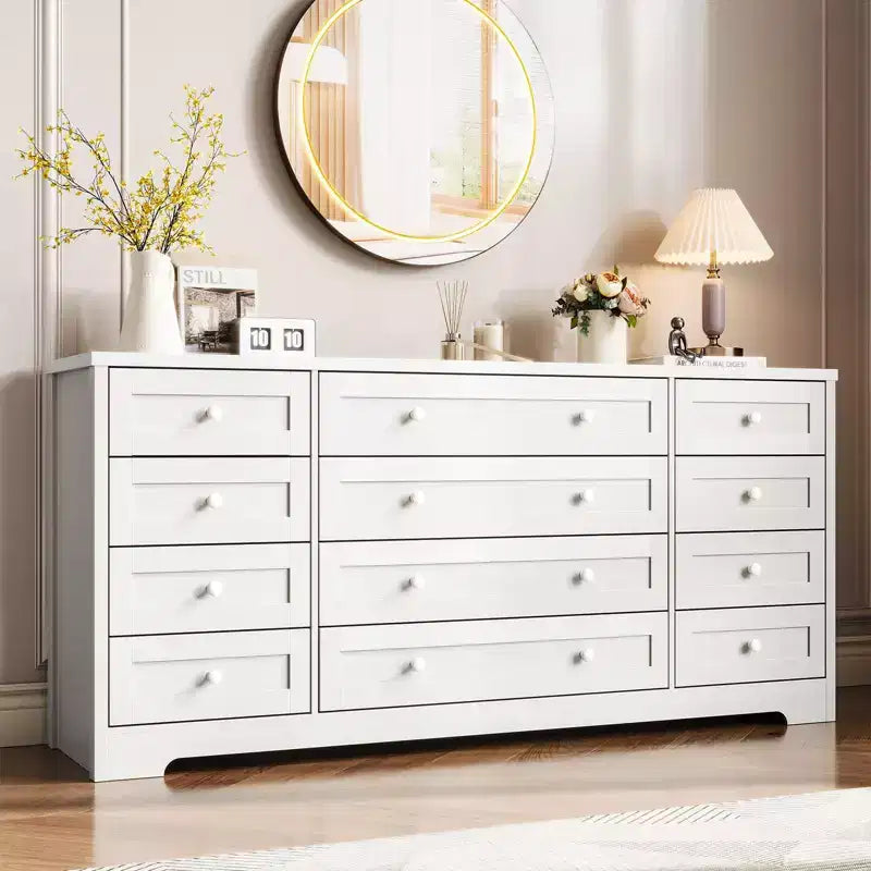 12 Drawer Dresser, 63 Wide Wooden Chest of Drawers, Modern TV Stand Dresser for 65 Inch TV, Bedroom Living Room Entryway