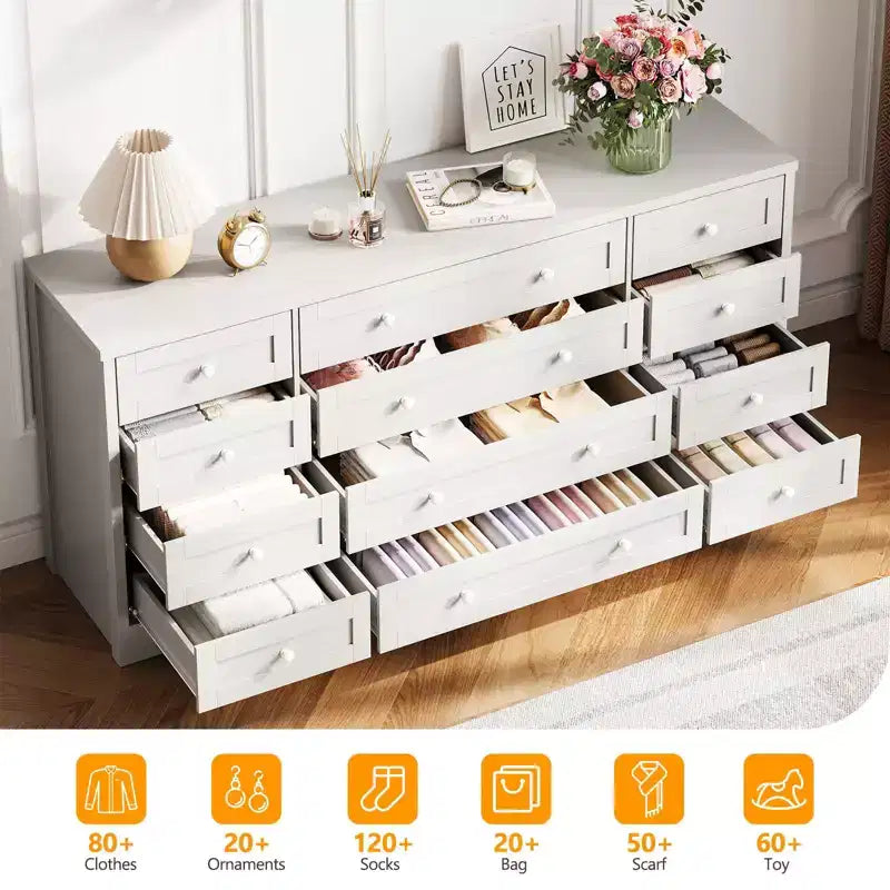 12 Drawer Dresser, 63 Wide Wooden Chest of Drawers, Modern TV Stand Dresser for 65 Inch TV, Bedroom Living Room Entryway