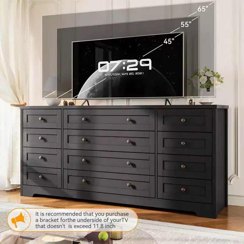 12 Drawer Dresser, 63 Wide Wooden Chest of Drawers, Modern TV Stand Dresser for 65 Inch TV, Bedroom Living Room Entryway