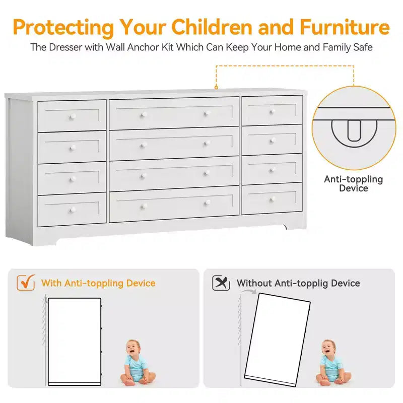 12 Drawer Dresser, 63 Wide Wooden Chest of Drawers, Modern TV Stand Dresser for 65 Inch TV, Bedroom Living Room Entryway