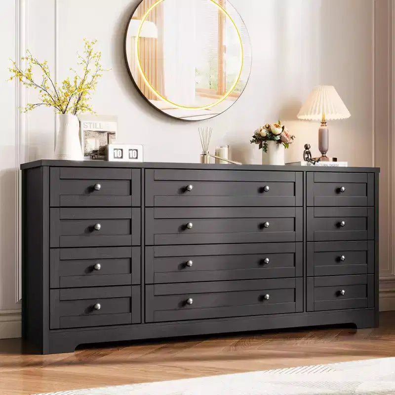 12 Drawer Dresser, 63 Wide Wooden Chest of Drawers, Modern TV Stand Dresser for 65 Inch TV, Bedroom Living Room Entryway