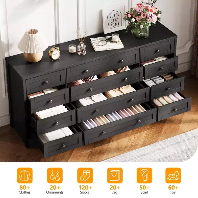 12 Drawer Dresser, 63 Wide Wooden Chest of Drawers, Modern TV Stand Dresser for 65 Inch TV, Bedroom Living Room Entryway