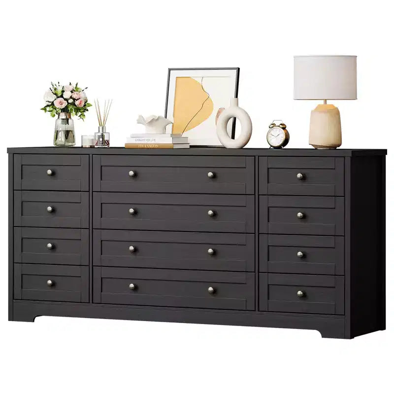 12 Drawer Dresser, 63 Wide Wooden Chest of Drawers, Modern TV Stand Dresser for 65 Inch TV, Bedroom Living Room Entryway