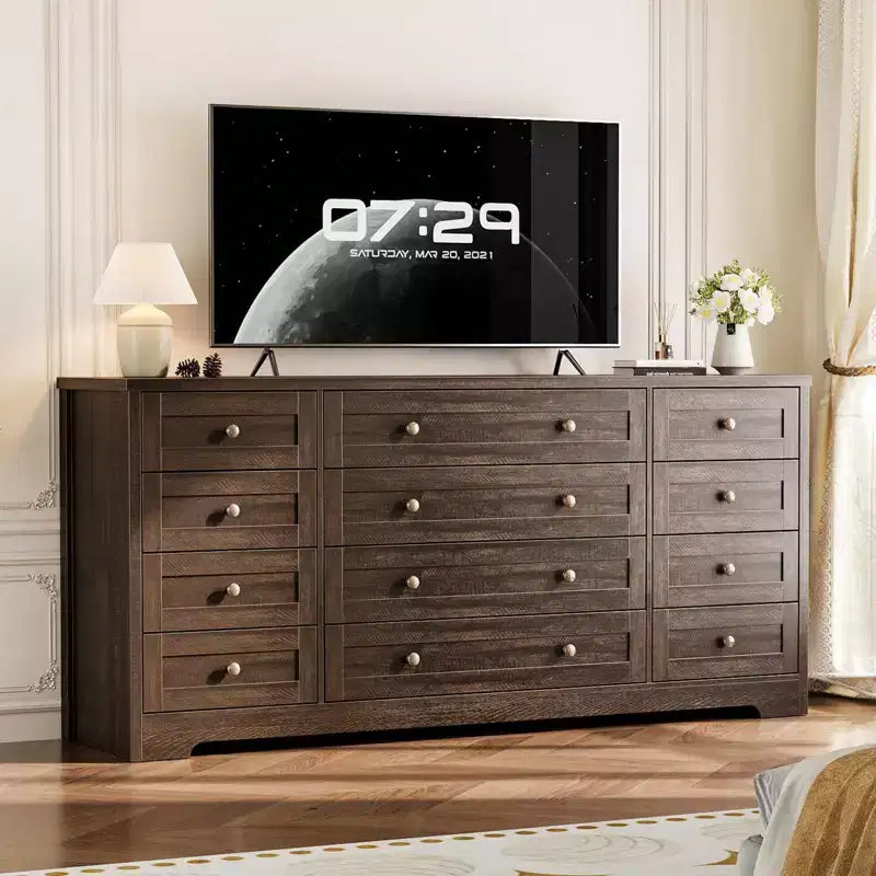 12 Drawer Dresser, 63 Wide Wooden Chest of Drawers, Modern TV Stand Dresser for 65 Inch TV, Bedroom Living Room Entryway