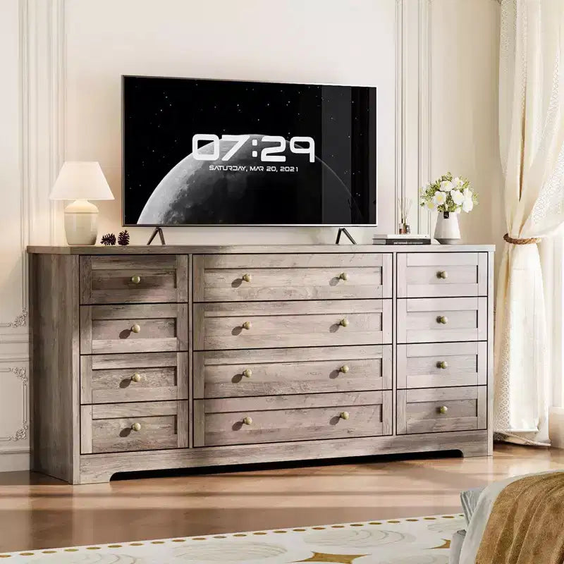 12 Drawer Dresser, 63 Wide Wooden Chest of Drawers, Modern TV Stand Dresser for 65 Inch TV, Bedroom Living Room Entryway