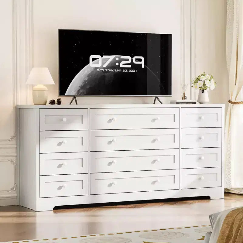 12 Drawer Dresser, 63 Wide Wooden Chest of Drawers, Modern TV Stand Dresser for 65 Inch TV, Bedroom Living Room Entryway