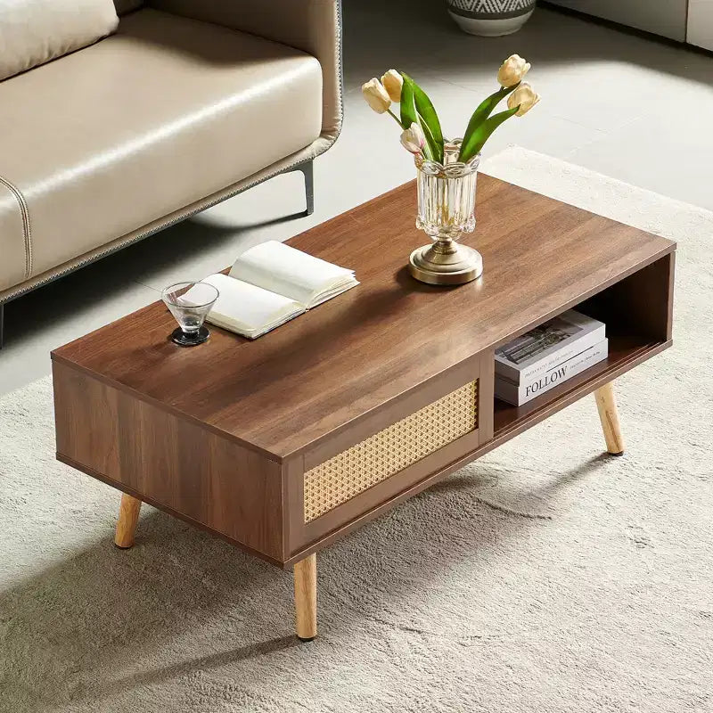 41. Rattan Coffee table, Sliding Door for Storage, Solid Wood Legs, Modern Table for Living Room, Walnut