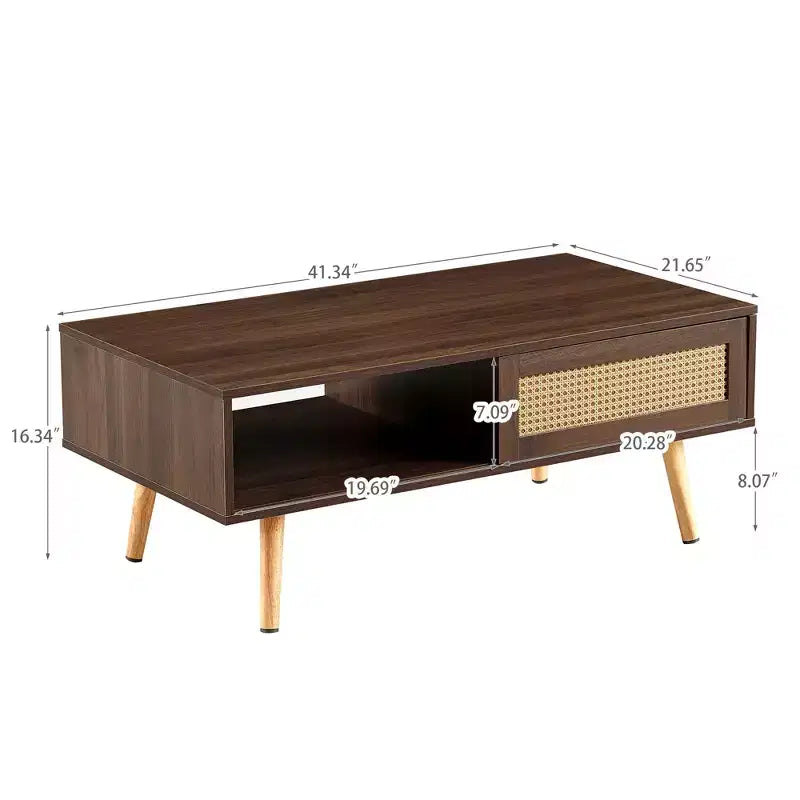 41. Rattan Coffee table, Sliding Door for Storage, Solid Wood Legs, Modern Table for Living Room, Walnut