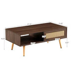 41. Rattan Coffee table, Sliding Door for Storage, Solid Wood Legs, Modern Table for Living Room, Walnut