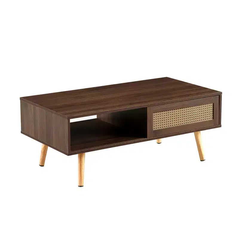 41. Rattan Coffee table, Sliding Door for Storage, Solid Wood Legs, Modern Table for Living Room, Walnut