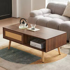 41. Rattan Coffee table, Sliding Door for Storage, Solid Wood Legs, Modern Table for Living Room, Walnut