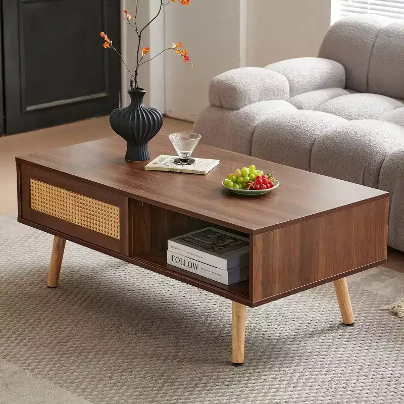 41. Rattan Coffee table, Sliding Door for Storage, Solid Wood Legs, Modern Table for Living Room, Walnut
