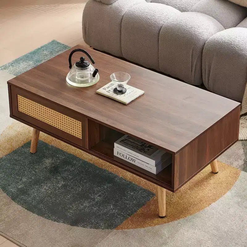 41. Rattan Coffee table, Sliding Door for Storage, Solid Wood Legs, Modern Table for Living Room, Walnut
