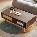 41. Rattan Coffee table, Sliding Door for Storage, Solid Wood Legs, Modern Table for Living Room, Walnut