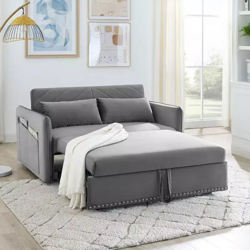 Love Seat Sofa Bed, Velvet, USB Port, Pull Out Couch with 2 Side Pockets & 2 Pillows for Small Living Room Bedroom Spaces