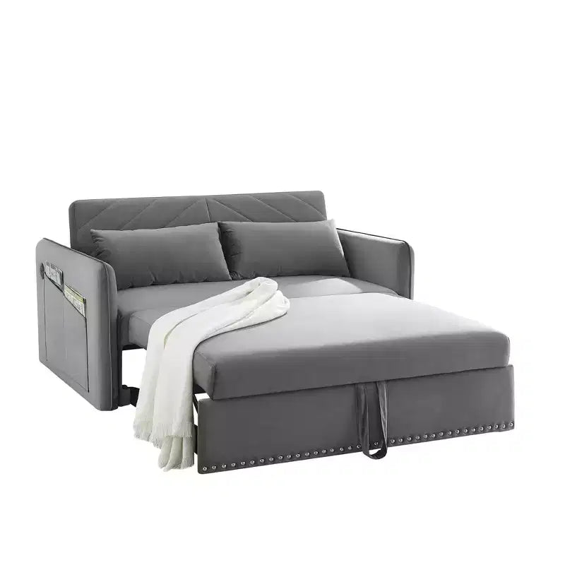 Love Seat Sofa Bed, Velvet, USB Port, Pull Out Couch with 2 Side Pockets & 2 Pillows for Small Living Room Bedroom Spaces