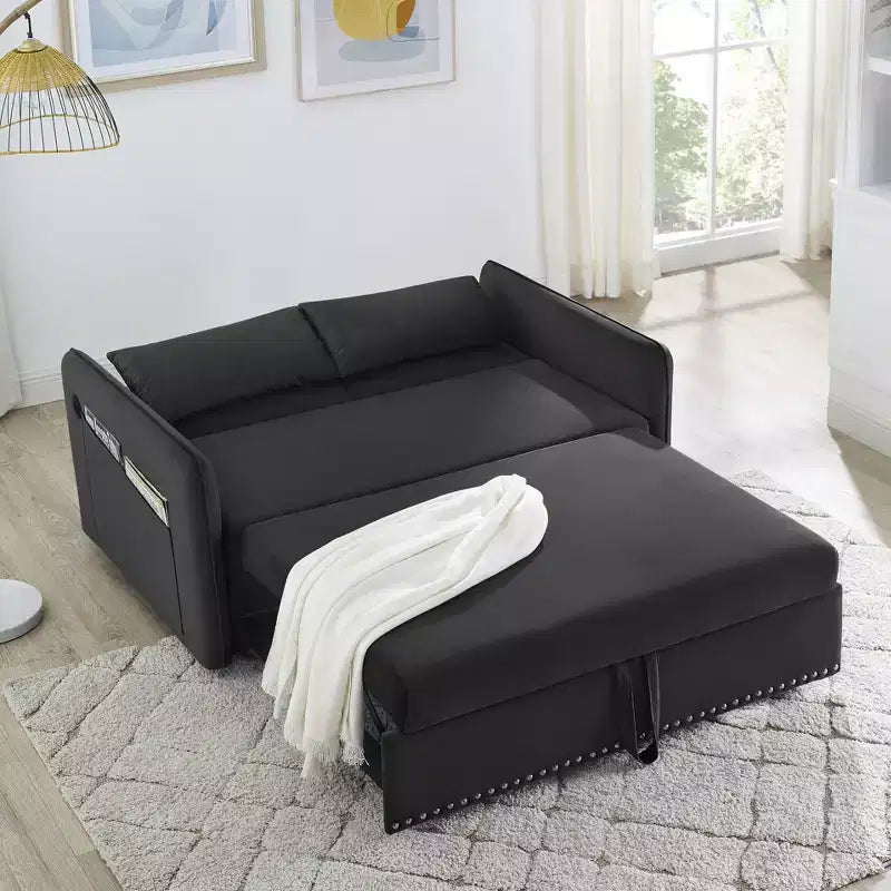Love Seat Sofa Bed, Velvet, USB Port, Pull Out Couch with 2 Side Pockets & 2 Pillows for Small Living Room Bedroom Spaces