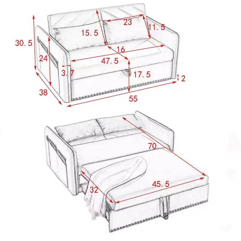 Love Seat Sofa Bed, Velvet, USB Port, Pull Out Couch with 2 Side Pockets & 2 Pillows for Small Living Room Bedroom Spaces