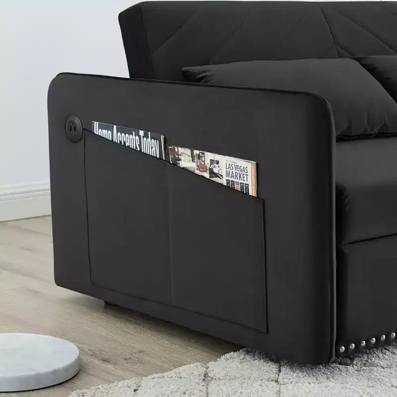 Love Seat Sofa Bed, Velvet, USB Port, Pull Out Couch with 2 Side Pockets & 2 Pillows for Small Living Room Bedroom Spaces