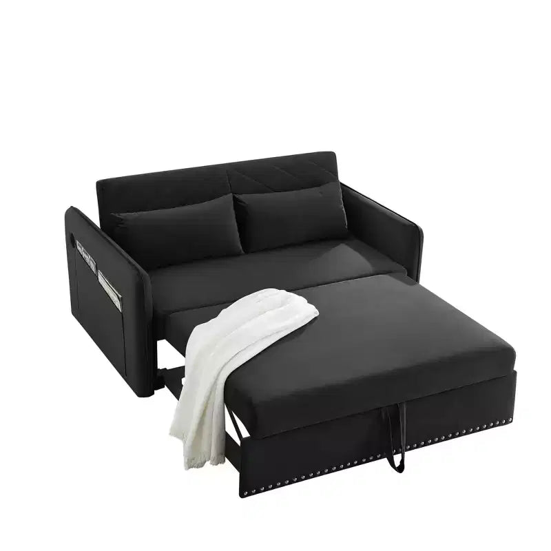 Love Seat Sofa Bed, Velvet, USB Port, Pull Out Couch with 2 Side Pockets & 2 Pillows for Small Living Room Bedroom Spaces