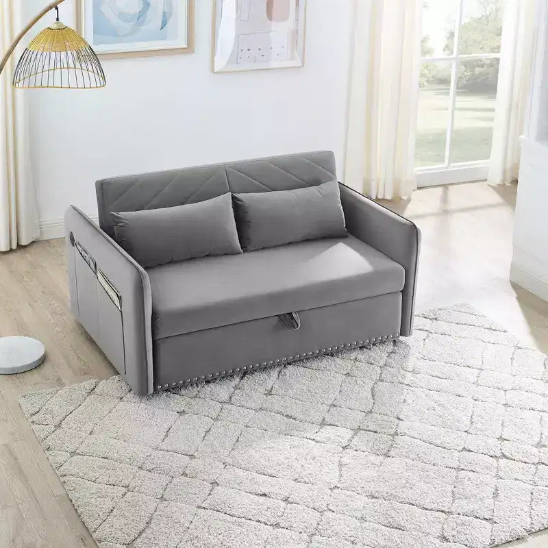 Love Seat Sofa Bed, Velvet, USB Port, Pull Out Couch with 2 Side Pockets & 2 Pillows for Small Living Room Bedroom Spaces