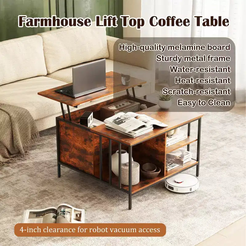 31.5-inch Farmhouse-Style Lift-Top Coffee Table Adjustable Height Living Room Table Multi-Functional Table with Hidden Storage Compartment
